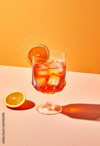 Aperol Spritz cocktail with orange on bright beautiful background. Generative AI