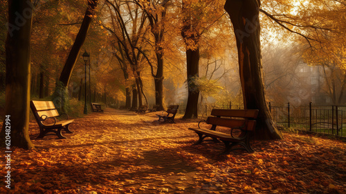 Fotografia, Obraz benches in autumn park