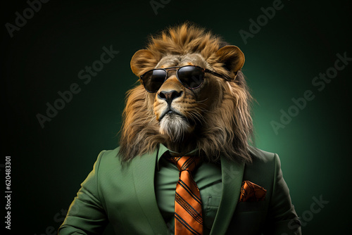 PortraitPortrait of lion with sunglasses wearing suit and tie standing over solid green background. Generative AI.of lion with sunglasses wearing suit and tie on solid green background. Generative AI.