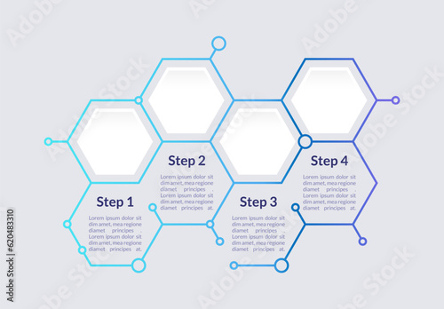 Blue gradient hexagon infographic chart design template. Info for clinic. Abstract vector infochart with blank copy spaces. Instructional graphics with 4 step sequence. Visual data presentation