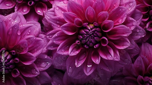 Purple Dahlia flowers with water drops background. Closeup of delicate blossom with glistening droplets. Generative AI