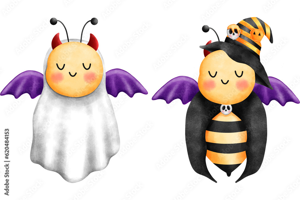 Obraz premium Watercolor illustration of a cute little bees witch with red horns and purple wings for halloween.