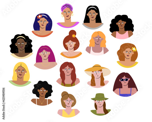 Girl faces set. Women icons for social networks. Different diversified avatars various people. Flat cartoony style, minimalism. Isolated.Vector illustration