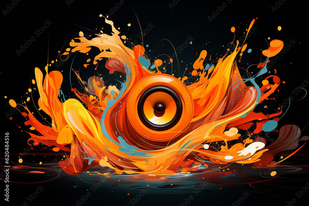 Obraz premium Sound Multimedia Soundsystem Hifi Audio Soundbox Lautsprecher Membran abstrakt orange Style im Querformat. Generative Ai. 