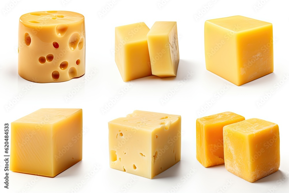 Collection of delicious cheese cubes, isolated on white background Collection of delicious cheese cubes, isolated on white background