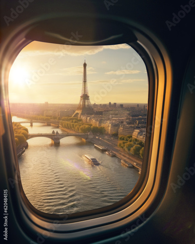 paris at sunset seen through window of aeroplane - ai generative