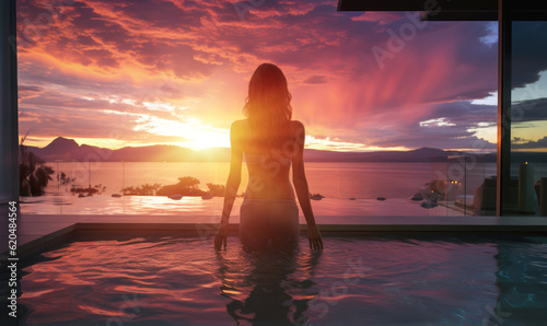 woman standing in hotel pool at sunset whale on vacation in island destination - ai generative