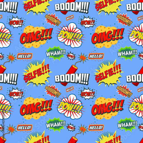 Wow seamless pattern. Seamless pattern with comic style phrases. Vector design element.
