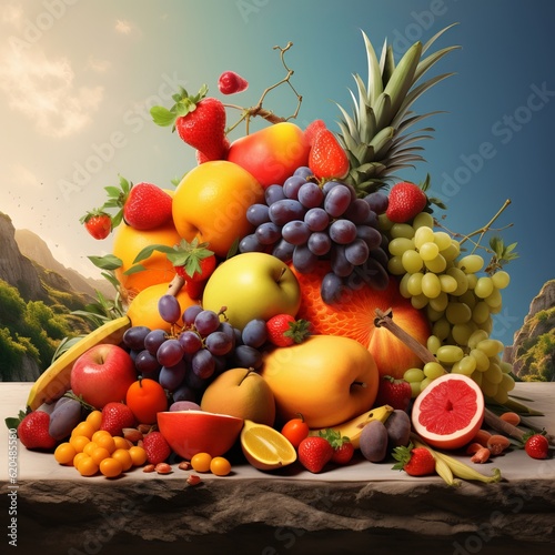 Free photo mixed fruits with apple banana orange and other generative AI