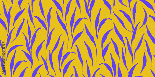 Seamless pattern with abstract natural forms, plants, leaves. Endless wallpaper, fabric, clothes print. Purple and yellow simple tree silhouettes.