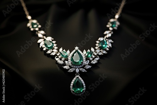 Diamond Necklace with Green Emerald Gemstone Jewelry on black background