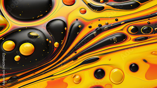 Abstract black paint drops mixed in orange oil background. Non-mixing fluids pattern. Generative AI