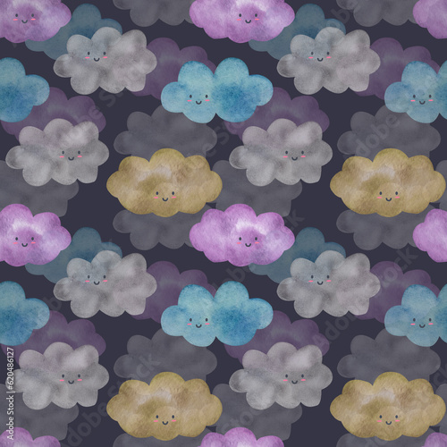 Cute clouds with faces. Watercolor illustration. Seamless pattern