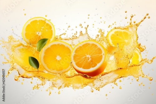 A group of oranges with splashing water on them. AI