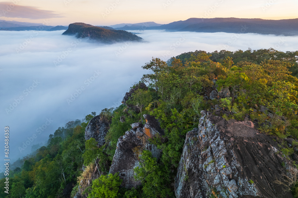 Naklejka premium Landscape in the morning at Pha Muak mountain, border of Thailand and Laos, Loei province, Thailand.