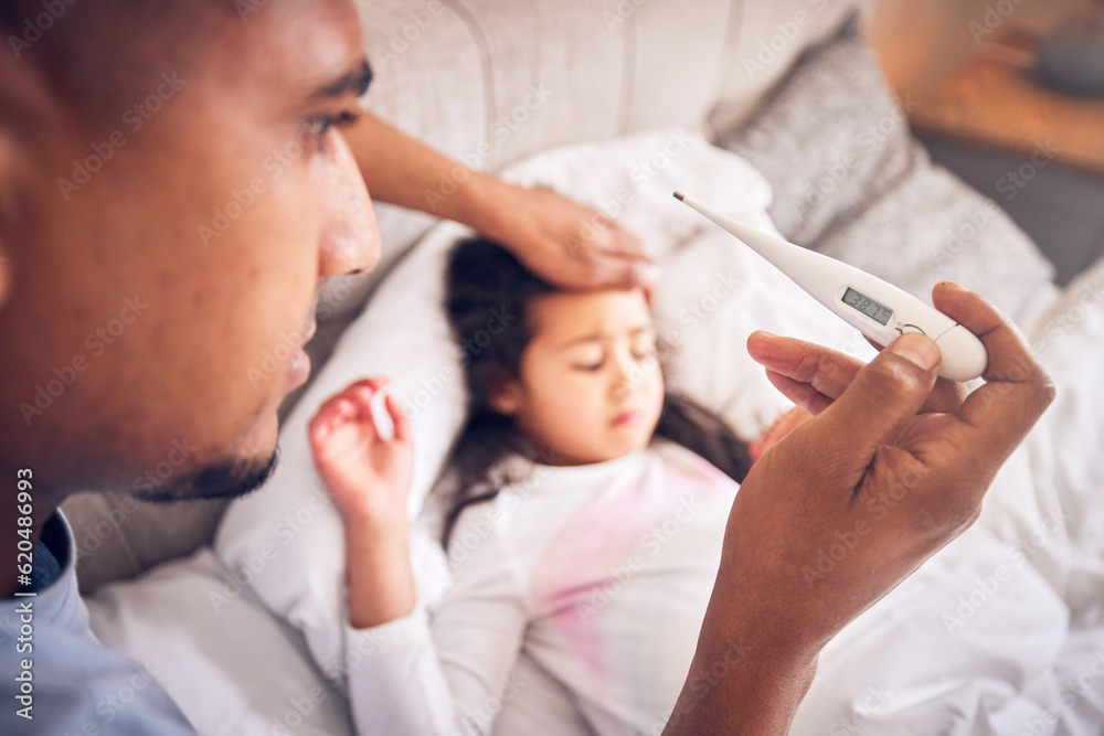 Fototapeta premium Thermometer, care and a man with a sick child for a fever, temperature check or virus. Nursing, house and a dad with a medical tool and a girl kid in the bed with a health problem or headache