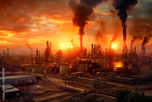 Petrochemical Refinery Complex in the morning, with its industrial structures and chimneys rising against the scenic backdrop. Generative AI.