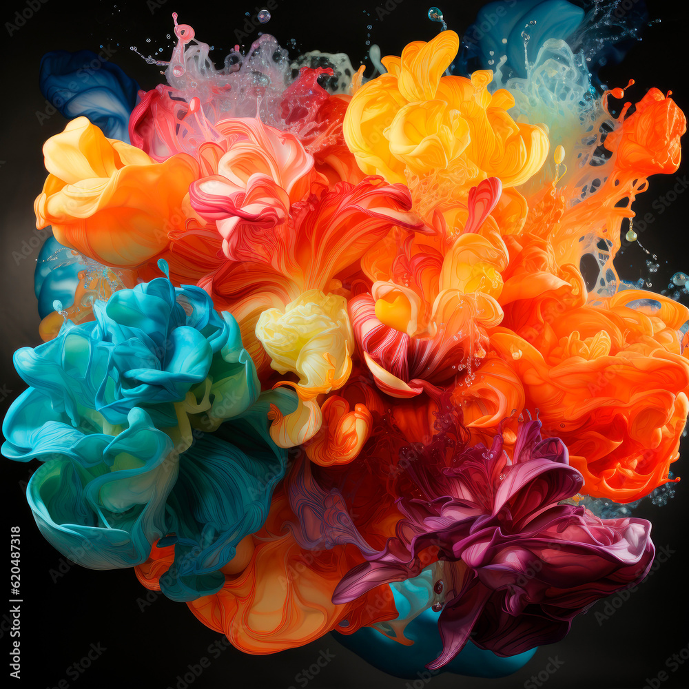 Abstract explosion of colors in paint splashes, isolated on black. Mixed liquid vivid flow, flower shaped, for creative background - Generative AI