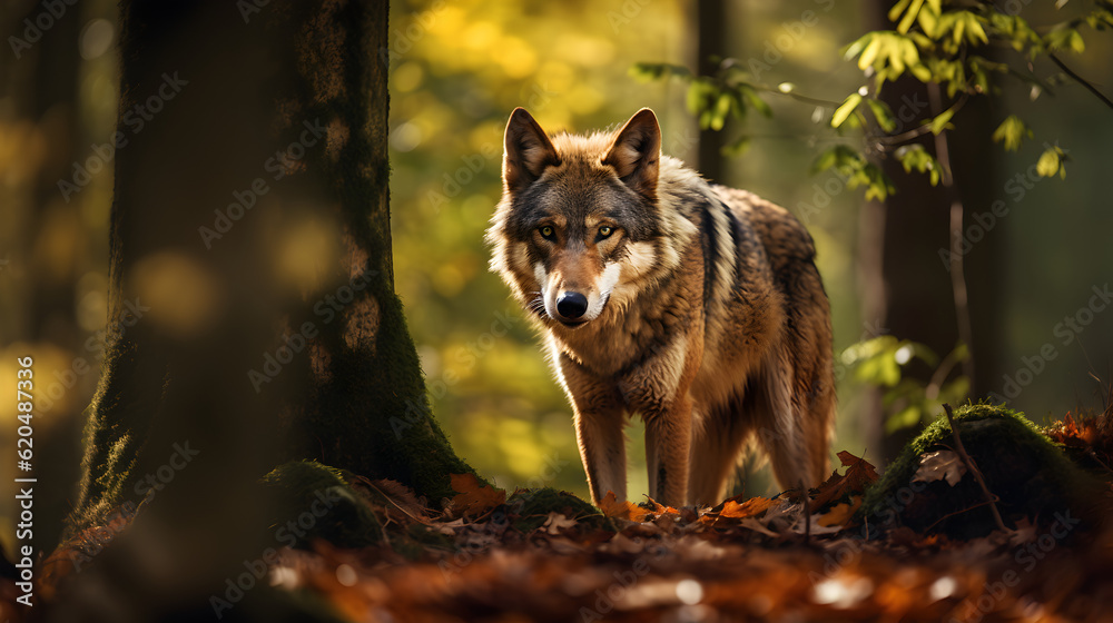 Fototapeta premium loup dans une forêt de type Française pour montrer sa réintroduction