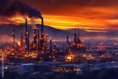 Petrochemical Refinery Complex in the morning  with its industrial structures and chimneys rising against the scenic backdrop. Generative AI.