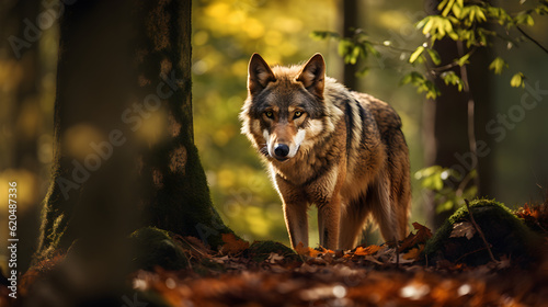 loup dans une forêt de type Française pour montrer sa réintroduction photo