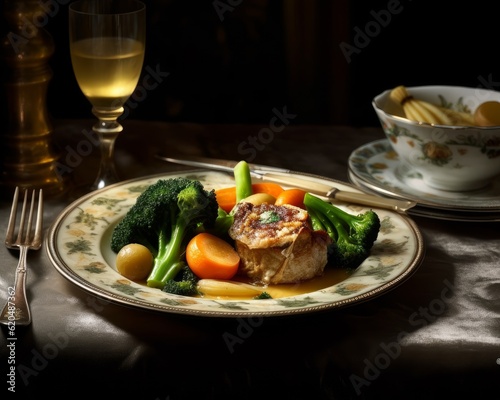 Blanquette de Veau with a golden crust and steamed vegetables on a plate