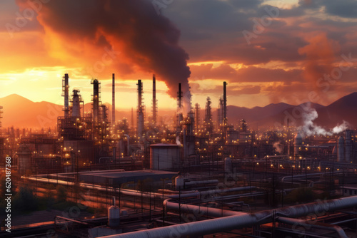 Petrochemical Refinery Complex in the morning  with its industrial structures and chimneys rising against the scenic backdrop. Generative AI.