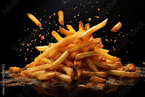 French fries - fried potatoes flying on black background