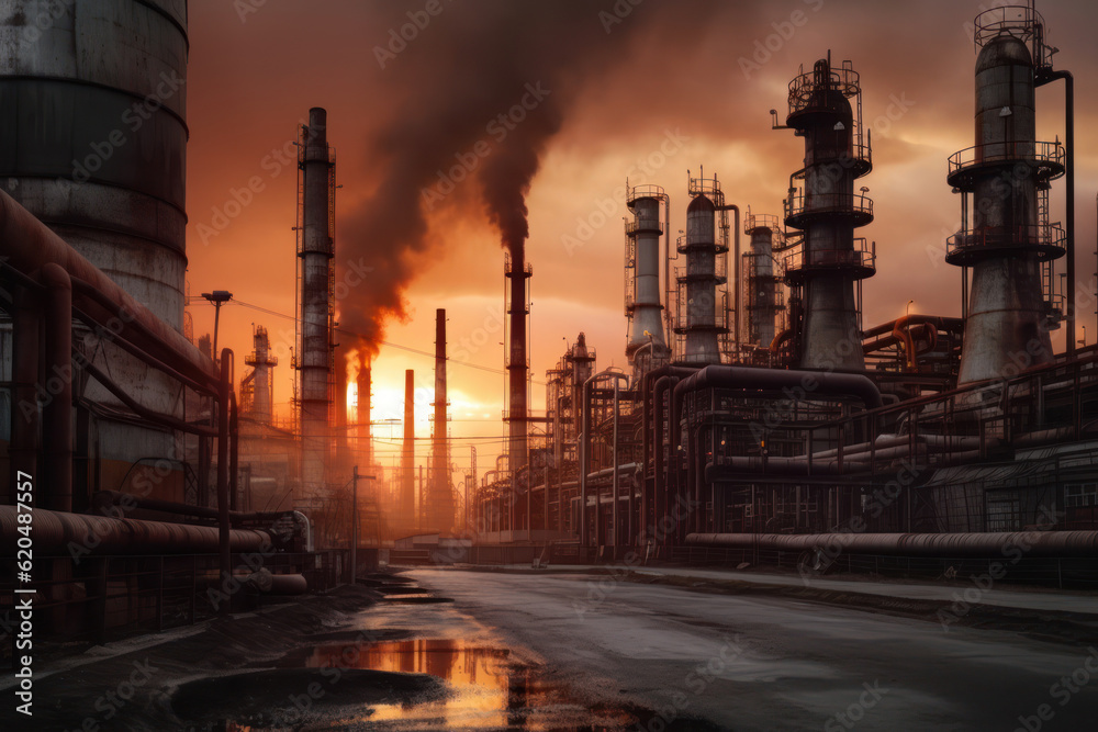 Petrochemical Refinery Complex in the morning, with its industrial structures and chimneys rising against the scenic backdrop. Generative AI.