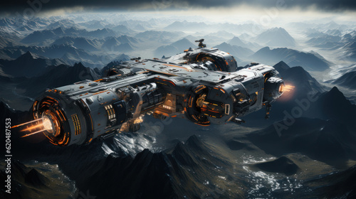 Fototapeta Naklejka Na Ścianę i Meble -  Cosmic Convergence: A Small Sci-Fi Space Station Orbiting Two Planets. Generative AI