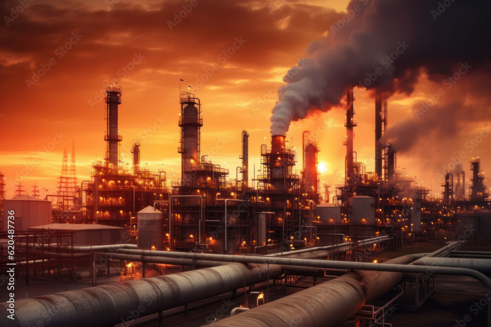 Petrochemical Refinery Complex in the morning, with its industrial structures and chimneys rising against the scenic backdrop. Generative AI. Petrochemical Refinery Complex in the morning, with its industrial structures and chimneys rising against the scenic backdrop. Generative AI.