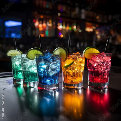 Different types of cocktails stand in a row on the counter bar Generative AI