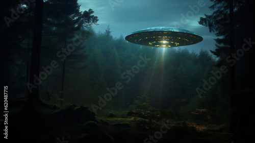 UFO floating in the night sky, eerie alien, dark