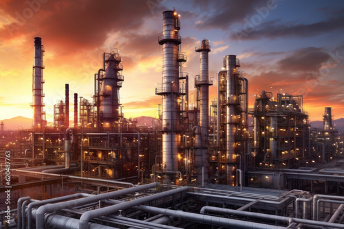 Petrochemical Refinery Complex in the morning, with its industrial structures and chimneys rising against the scenic backdrop. Generative AI.