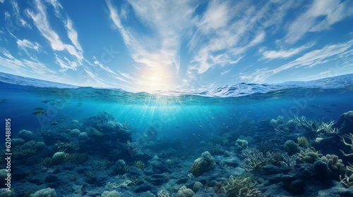 Photo Split underwater view with sunny sky and serene sea