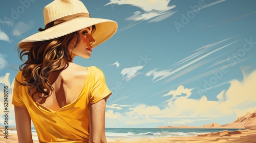 Beautiful woman in a sun hat enjoying the European beach