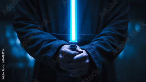 Man hand holding a blue light saber