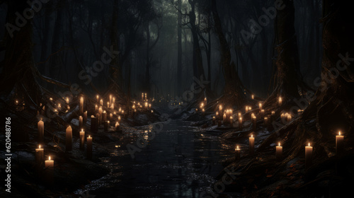 Many candles in dark forest background