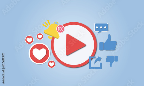 Video play button, subscribe and bell icon.on blue background.Vector Design Illustration.
