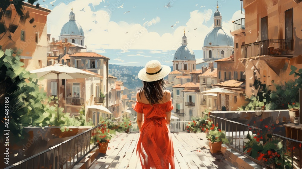 Fototapeta premium Woman in a sun hat exploring the streets of a European city