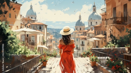 Woman in a sun hat exploring the streets of a European city