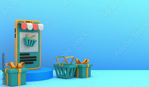 Empty blue color Online shop on the blue background, copy space 3d render