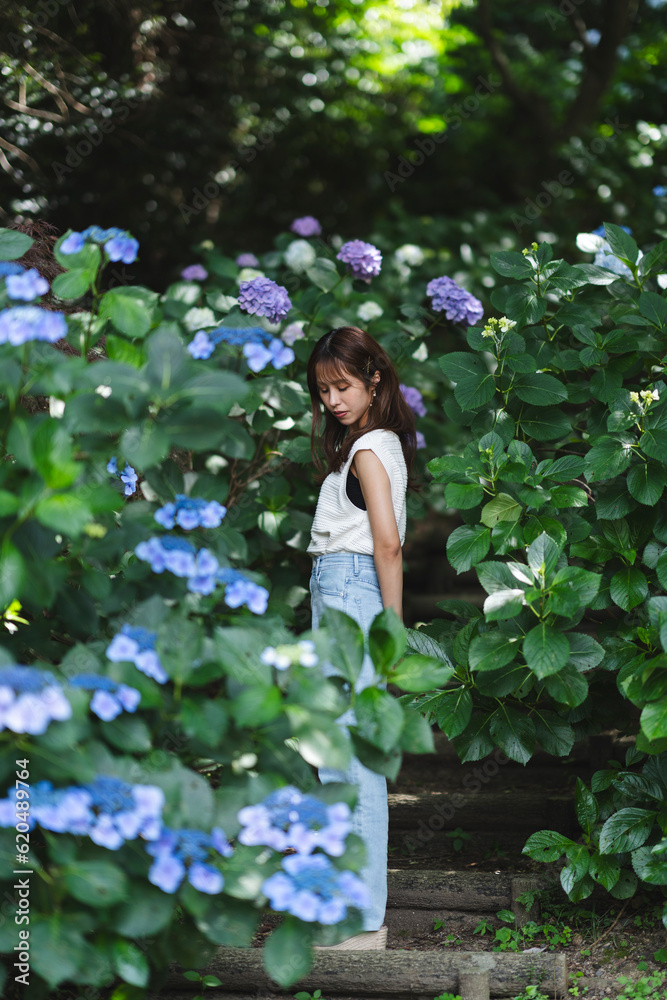 紫陽花と女性