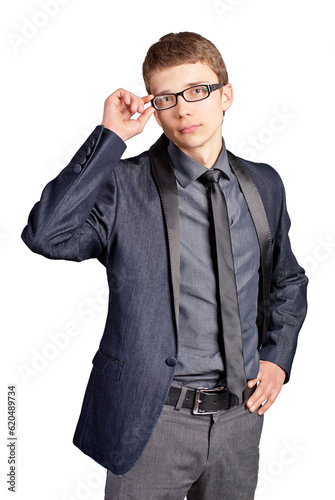 Man in full suit and glasses isolated on white photo