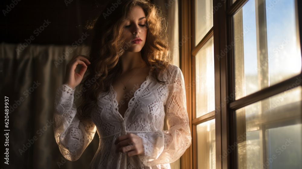 Sexy woman wearing a lace babydoll in a bedroom with window and sunset light - obrazy, fototapety, plakaty 