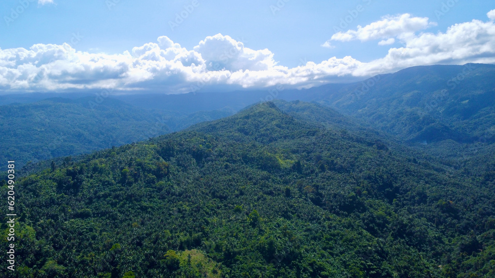Morning in the mountains. Aerial view of the mountains on a tropical island covered with jungle and clouds over the hills.