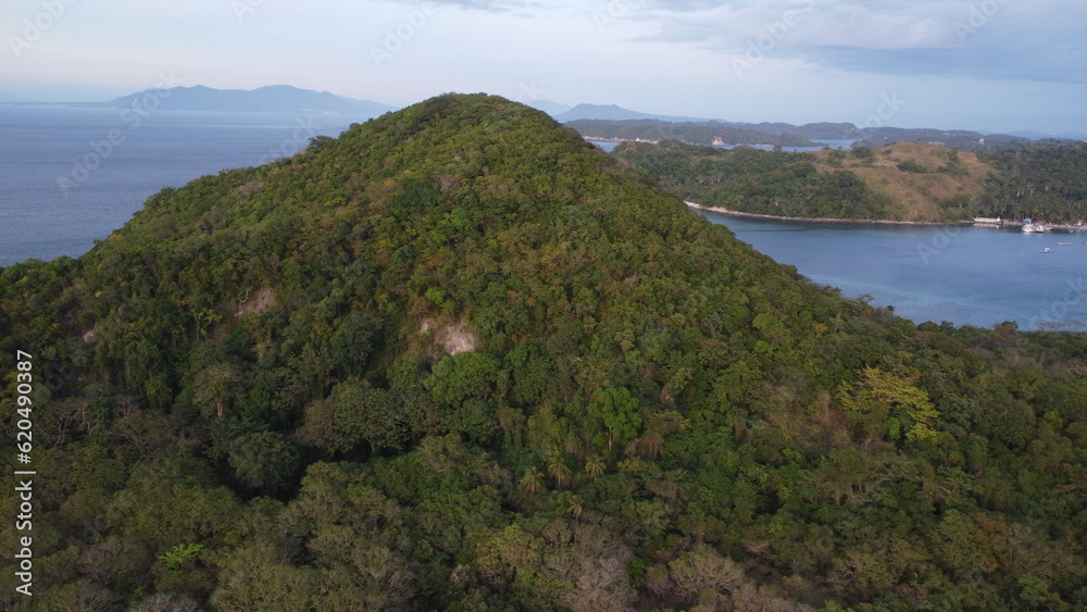 View from the top of the mountain. Tropical landscape. Aerial view of a hill on a tropical island covered with tropical rainforest.