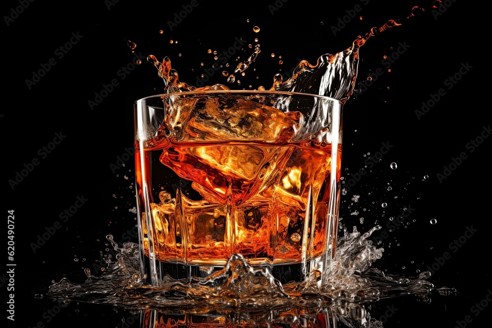 © twilight mist - Glass of splashing whiskey or other alcohol with ice cube isolated on black background