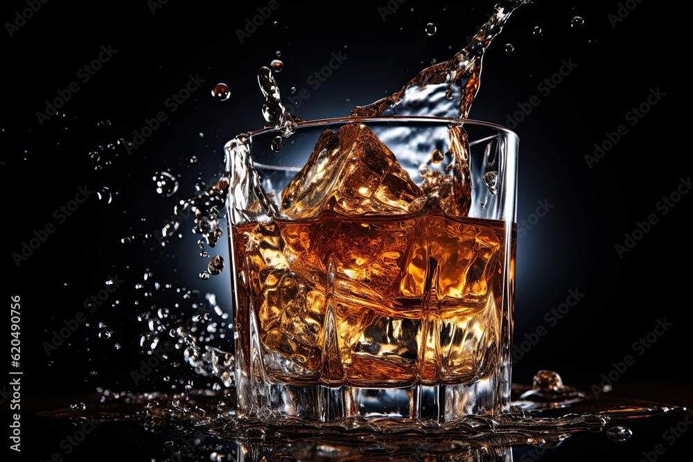 Glass of splashing whiskey or other alcohol with ice cube isolated on black background Glass of splashing whiskey or other alcohol with ice cube isolated on black background