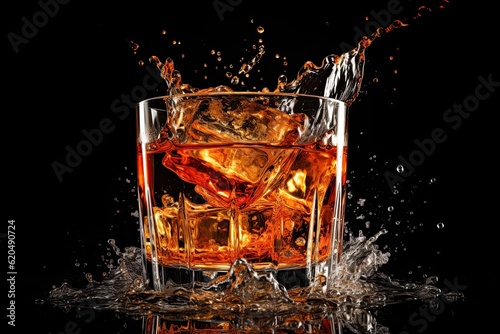 Fényképezés Glass of splashing whiskey or other alcohol with ice cube isolated on black back